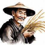 中国古代农民，手拿谷子，矢量图，白色背景，面带微笑，卡通画风格