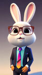小兔子，歌手，帅哥，皮克斯动画风格，韩国漫画风格，带着眼镜，穿着西服领带，3D模型，彩色辛烷值渲染，完美光影，电影质感，高清，看镜头，