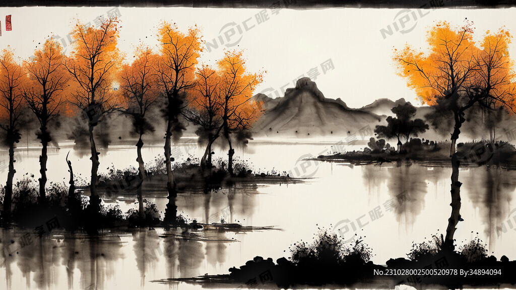 水墨画 秋天 树林 胡杨 水湖