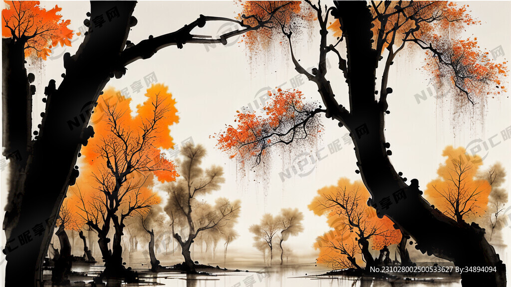 水墨画 秋天 树林 胡杨 水湖