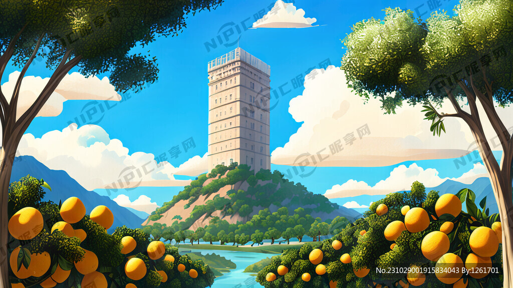蓝天白云胡柚果园河流文峰塔