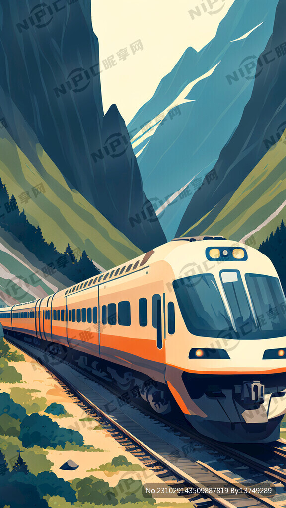 高铁穿越山川的插画