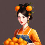 一个女人端着一盘橙子