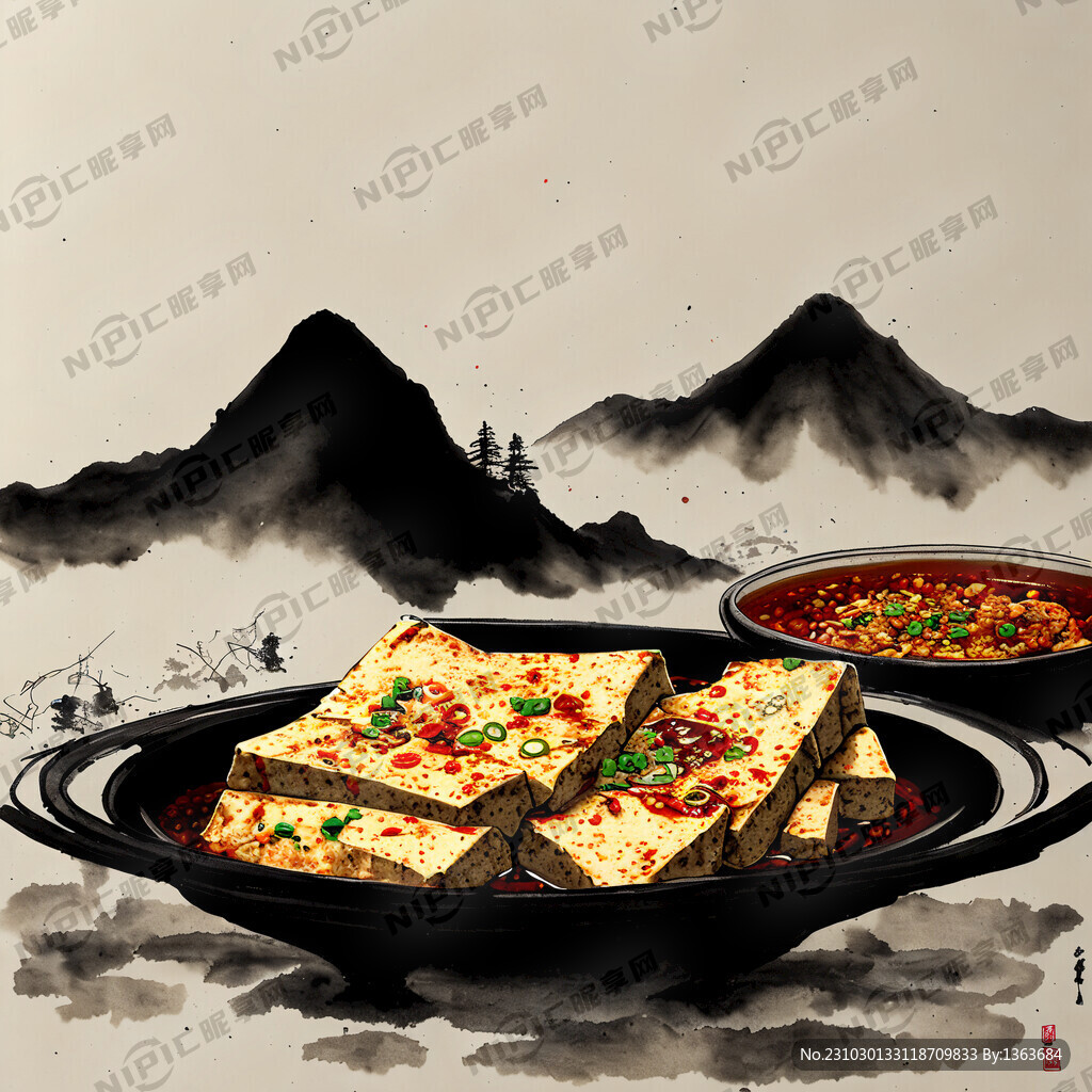 麻辣豆腐与水墨山水画的融合