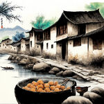 一个农村老头，端着碗，拿着筷子，坐小河边，树下，路边石头上，吃饭，