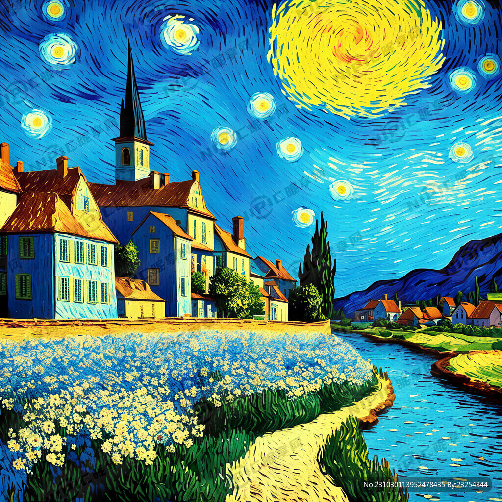 梵高风格 小镇风光 花 河