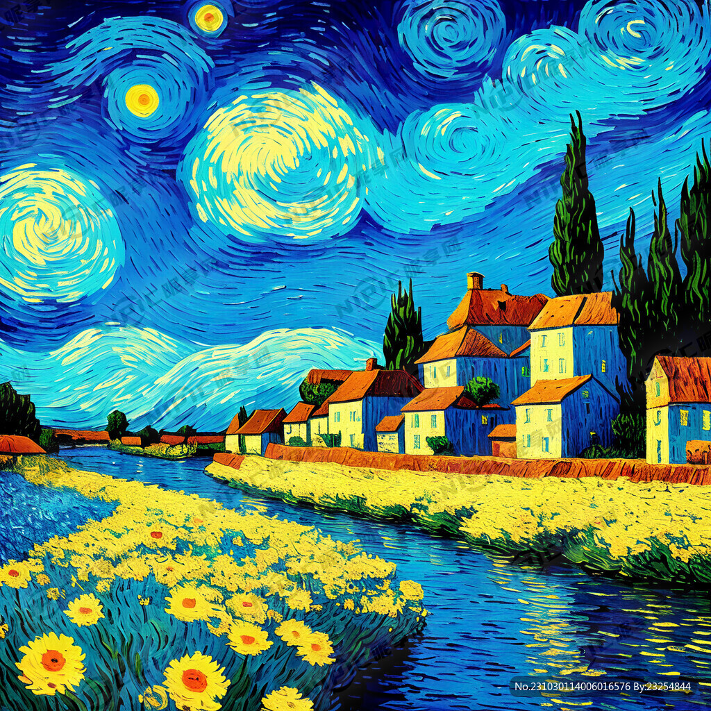 梵高风格 小镇风光 花 河