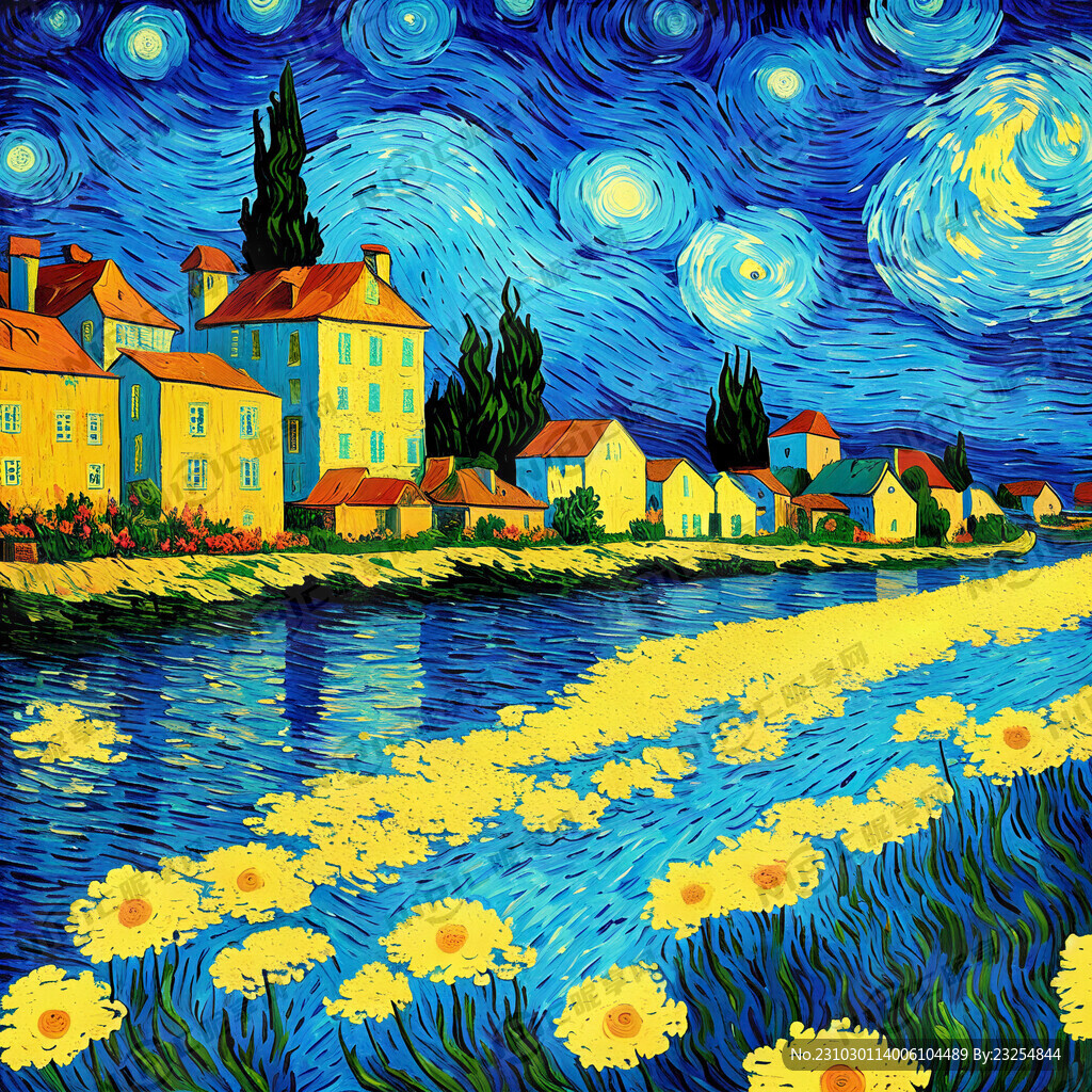 梵高风格 小镇风光 花 河