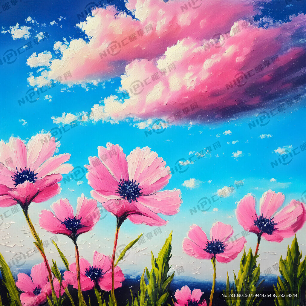油棒画 天空 花 粉色