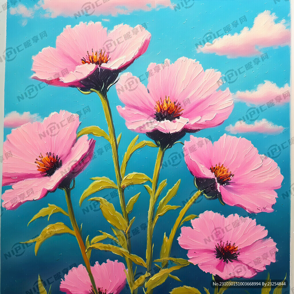 油棒画 天空 花 粉色