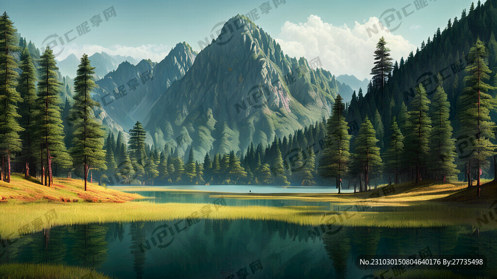 大山 草原 松树 湖水 人物