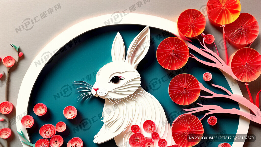 衍纸艺术 春节 可爱兔子 红梅