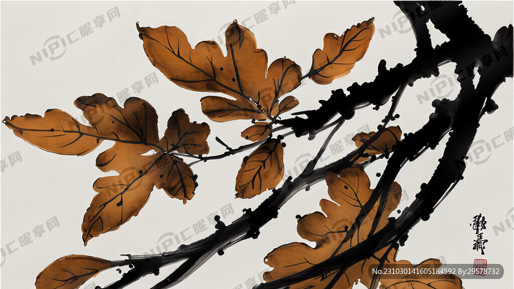 地上放着生姜 树叶 水墨 国画