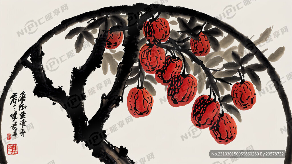 树上结着红枣 水墨画 中国风