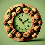 一颗颗坚果，围成一个时钟的造型，色调绿色清新