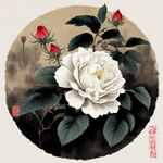 中国风，中国画，水墨风格，植物花朵，白色玫瑰，高雅，高清，斜方向枝叶，黄色花蕊。