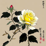 中国风，中国画，水墨风格，绿色植物花朵，2朵白色玫瑰，高雅，高清，斜方向枝叶，黄色花蕊，水珠晶莹。