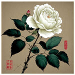 中国风，中国画，水墨风格，绿色植物花朵，2朵白色玫瑰，高雅，高清，斜方向枝叶，黄色花蕊，水珠晶莹。