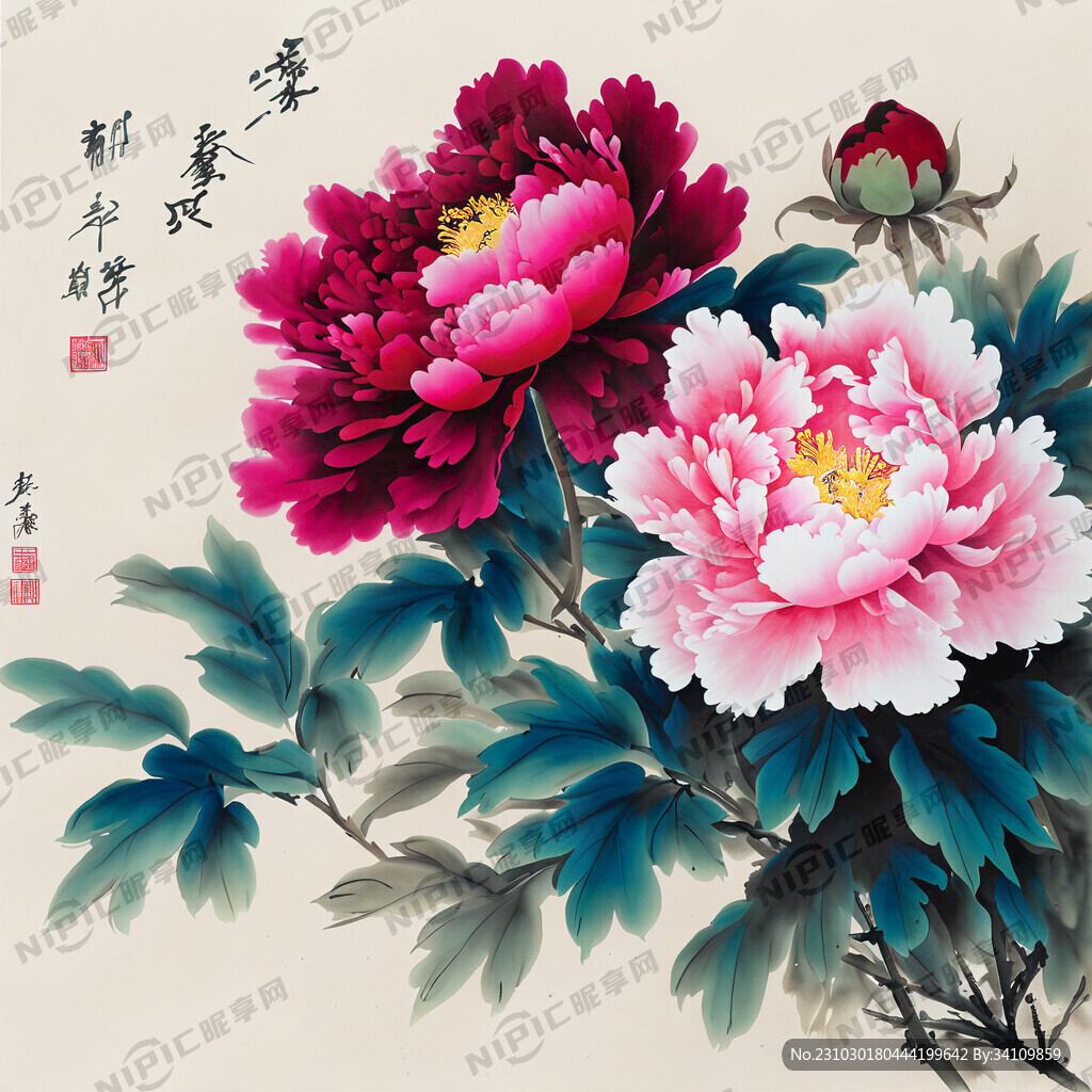 牡丹花 中堂画 颜色艳丽