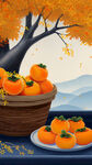 秋天景色，霜降，柿子树，桂花，桂花糕放在盘子里，有一筐柿子