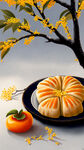 秋天景色，霜降时节，桂花树，桂花糕放在盘子里，有一筐柿子在桂花糕旁边