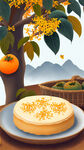 秋天景色，霜降时节，桂花树，桂花糕放在盘子里，有一筐柿子在桂花糕旁边