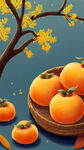 秋天景色，霜降时节，桂花树，桂花糕放在盘子里旁边有一筐柿子
