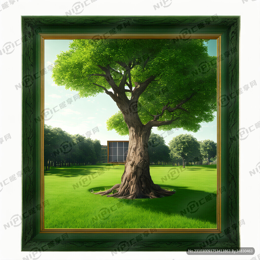 绿色大树上面有相框下面有绿色草