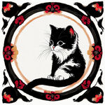 中国瓦当图案，圆圈内为可爱小猫图案，黑白线稿
