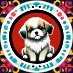 中国瓦当图案，圆形，圆圈内为可爱小狗图案，黑白，线稿