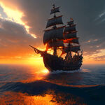 全景视角，辽阔的海面，船只在大海上航行，一个海盗拿着橙子欢呼，远处有曙光，3d效果