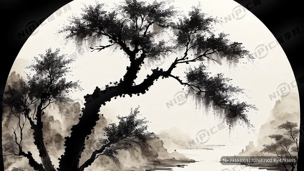 国画水墨大树河流