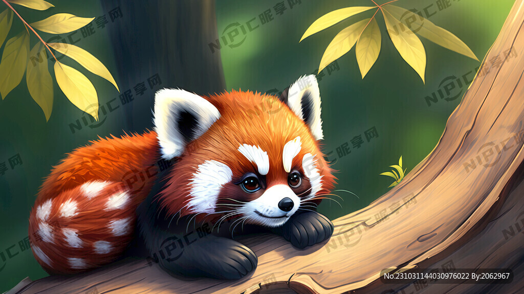 小熊猫趴在树干上 全身特写