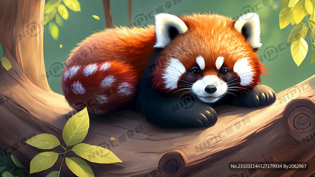 小熊猫趴在树干上 全身特写