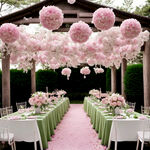 户外婚礼，花艺用藕粉色等浅色系，主色绿白为辅，韩式风格