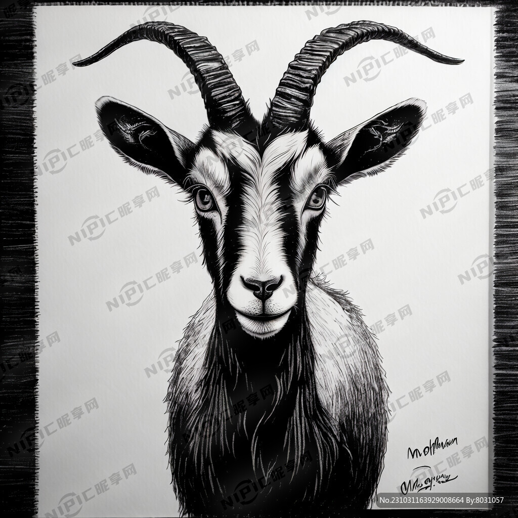 母山羊 自然 黑色底 钢笔画