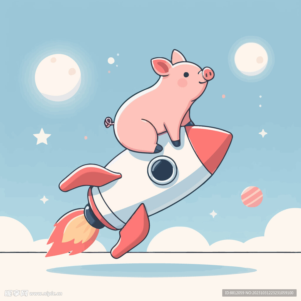 坐着火箭可爱小猪插画