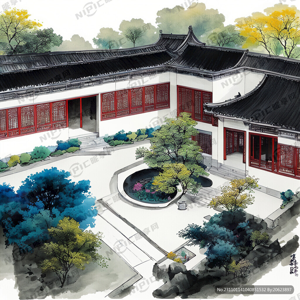 现代四合院鸟瞰效果图花园景观设