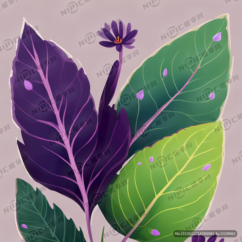 花朵树叶小草紫色森系插画