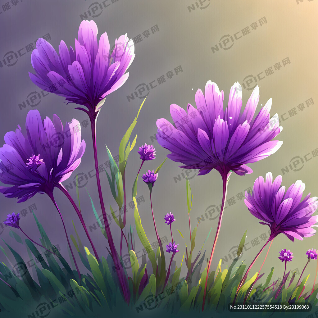 花朵树叶小草紫色森系插画