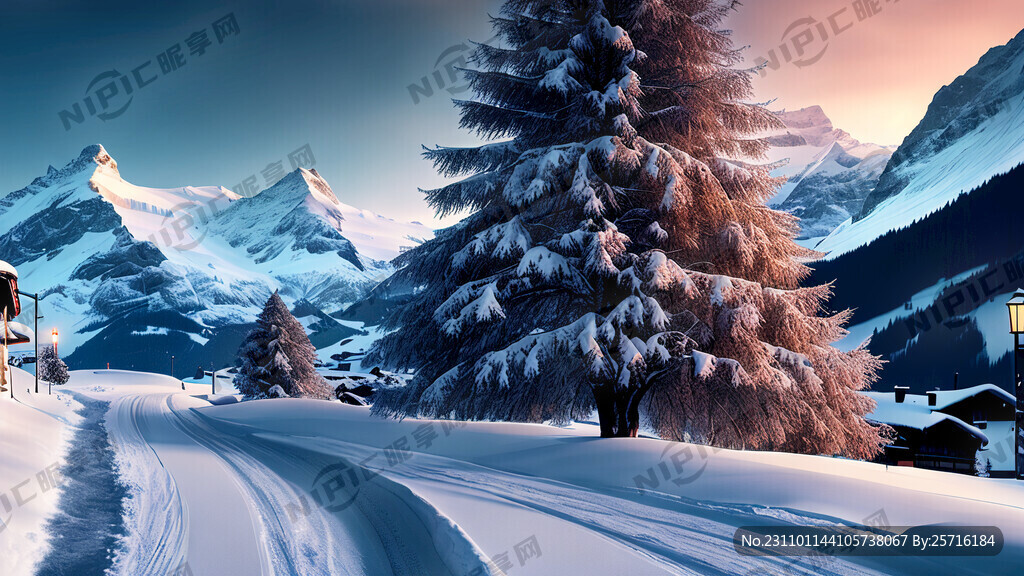 壮丽风光瑞士雪景远景夜晚圣诞树