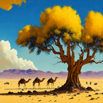巨大的胡杨树，生长在沙漠之中，远处的骆驼商队逆光而行，广角镜头，荒凉寂静，黄色的沙漠与蓝天白云强烈对比，插画风