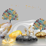 水彩树麋鹿湖畔挂画装饰画