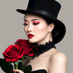 高级美女，高级黑色礼服，高级黑色礼帽，高级黑色背景，手捧玫瑰花，侧面脸，精致妆容，大师级作品，高画质，高分辨率