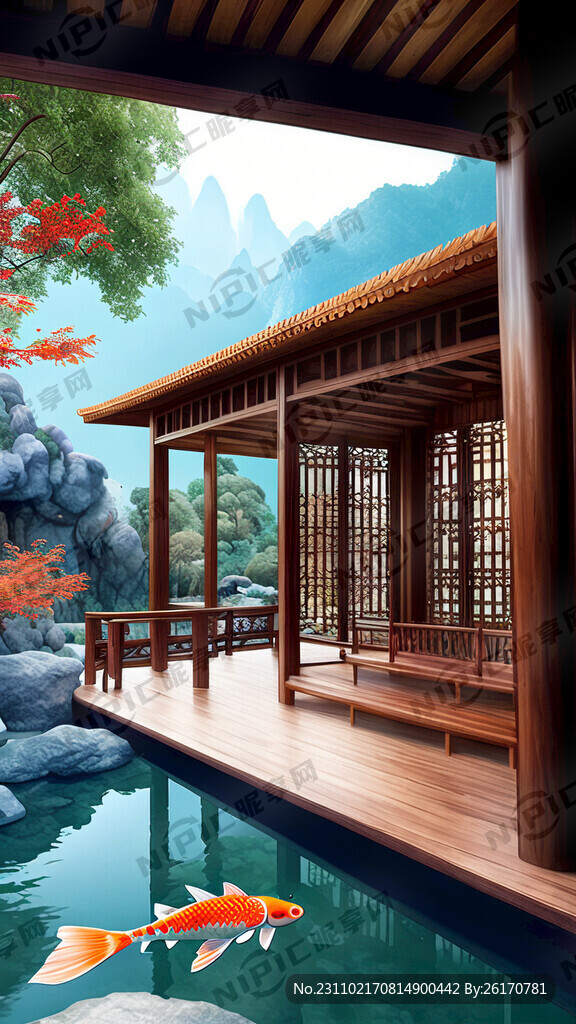 别墅景观效果有木亭台木廊架有鱼