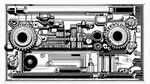关于机器零件的黑白线稿图形，黑线条底，超宽画幅，水平构图，低纯度色调