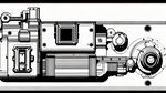 机器零件图形，黑线条底，超宽画幅，水平构图，低纯度色调