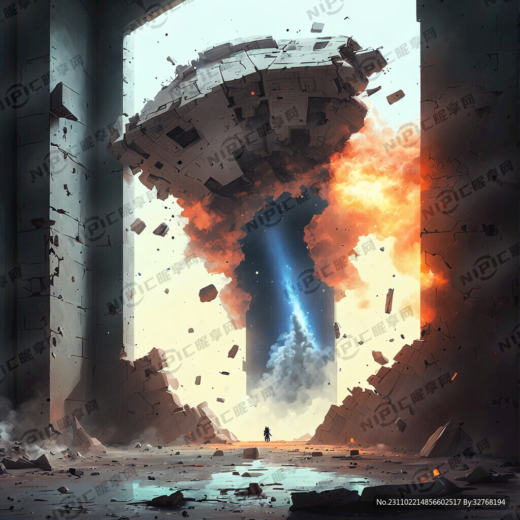 断墙 硝烟 弹孔 战争 手绘