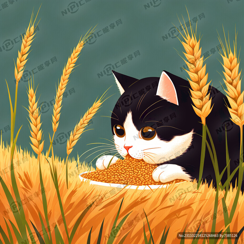 猫咪 小麦 吃草 插画