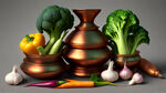 三星堆青铜器和蔬菜的组合，青铜蔬菜